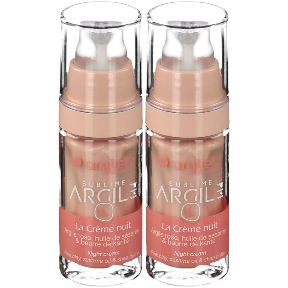 Zwei Flaschen Argiletz Nachtcreme. Rosafarbene Flaschen mit transparenten Deckeln. Aufschrift: La Crème nuit, Argile rose, huile de sésame & beurre de karité.