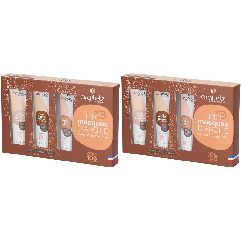 Verpackung mit drei Tuben Argiletz TRIO Gesichtsmasken. Braune Verpackung mit Produktnamen und Farben: weiß, rot, rosa.