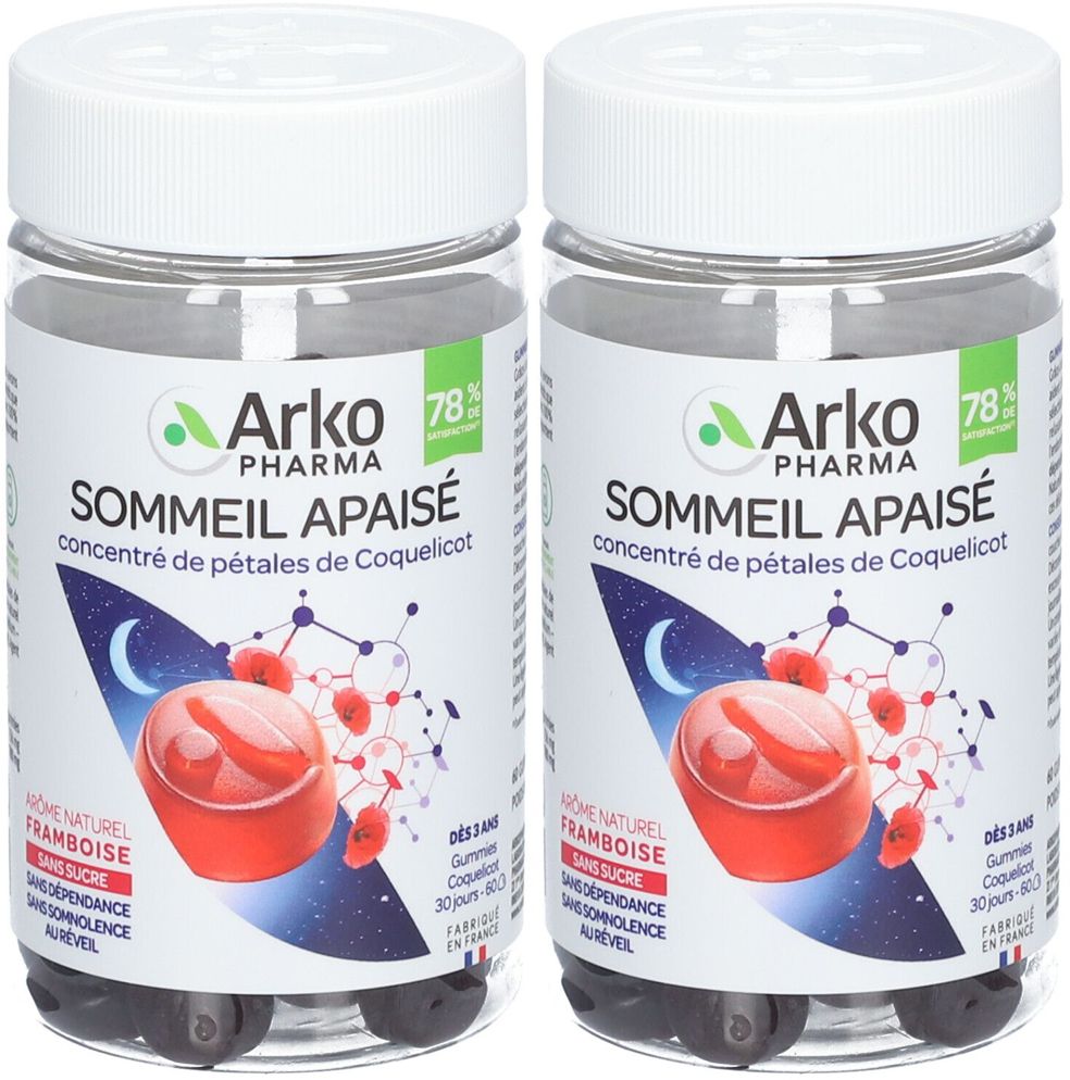 Zwei transparente Behälter mit weißen Deckeln. Auf den Etiketten steht "Arko Pharma" und "SOMMEIL APAISÉ". Abgebildet sind rote Gummibärchen.