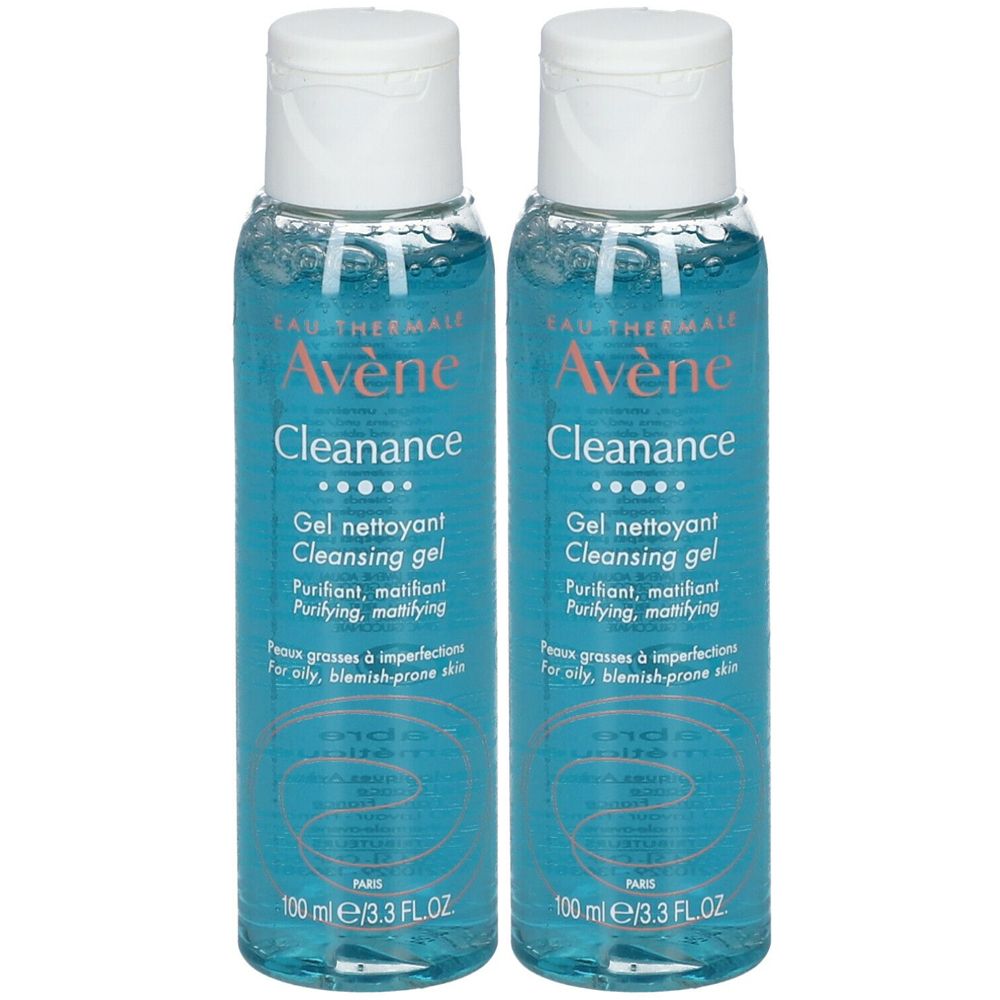 Zwei transparente Flaschen mit weißem Deckel. Aufschrift: Avène Cleanance Gel nettoyant, für unreine Haut. 100 ml.