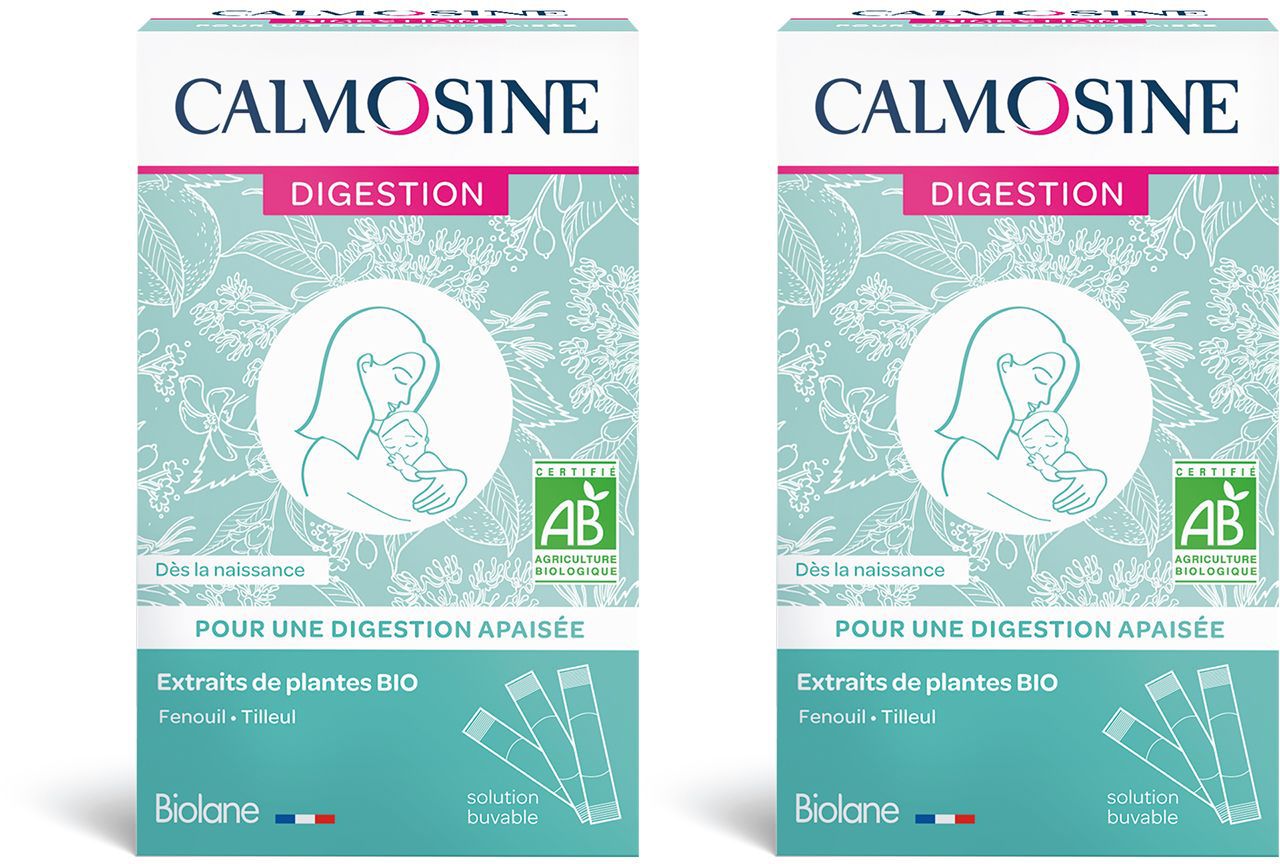 Deux boîtes CALMOSINE DIGESTION. Logo AB. Contient des extraits de plantes BIO. Illustration d'une mère tenant un bébé. Solution buvable.