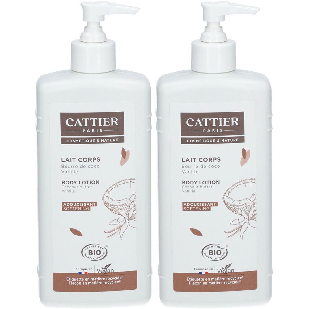 Deux flacons blancs avec pompe. Inscription: Cattier Paris, Body Lotion, certification Bio. Extrait de noix de coco et vanille.