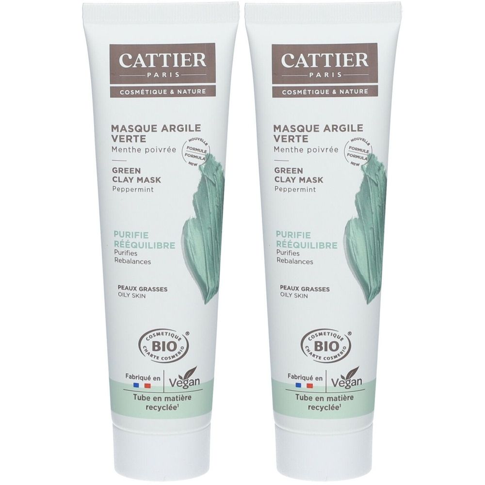 Deux tubes de masque facial. Inscription: CATTIER PARIS, MASQUE ARGILE VERTE, Green Clay Mask. Certification bio, vegan.
