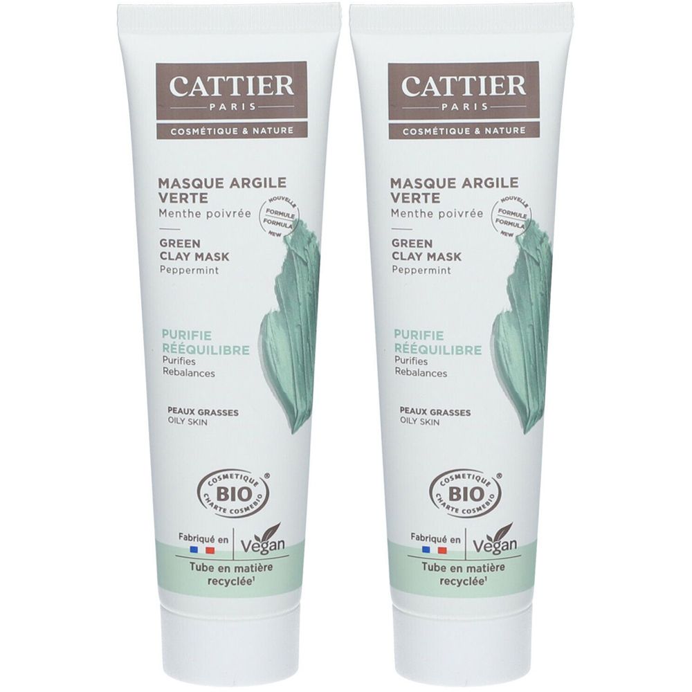 Deux tubes de masque à l'argile verte Cattier à la menthe poivrée. Pour peaux grasses.