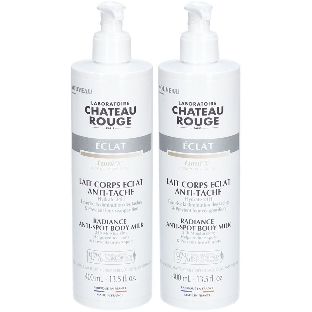 Deux flacons blancs avec pompe. Inscriptions: LABORATOIRE CHATEAU ROUGE, ÉCLAT, LAIT CORPS ECLAT ANTI-TACHE, RADIANCE ANTI-SPOT BODY MILK.