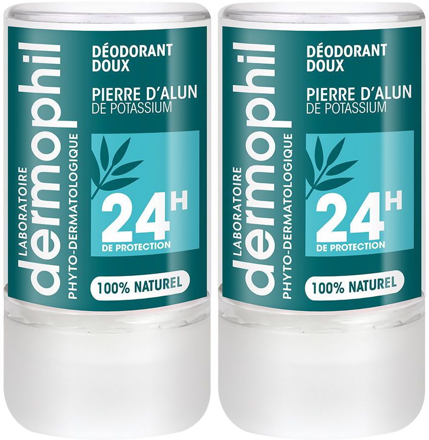 Deux déodorants. Inscription: Dermophil, 24H protection, 100% naturel. Emballage bleu et blanc.