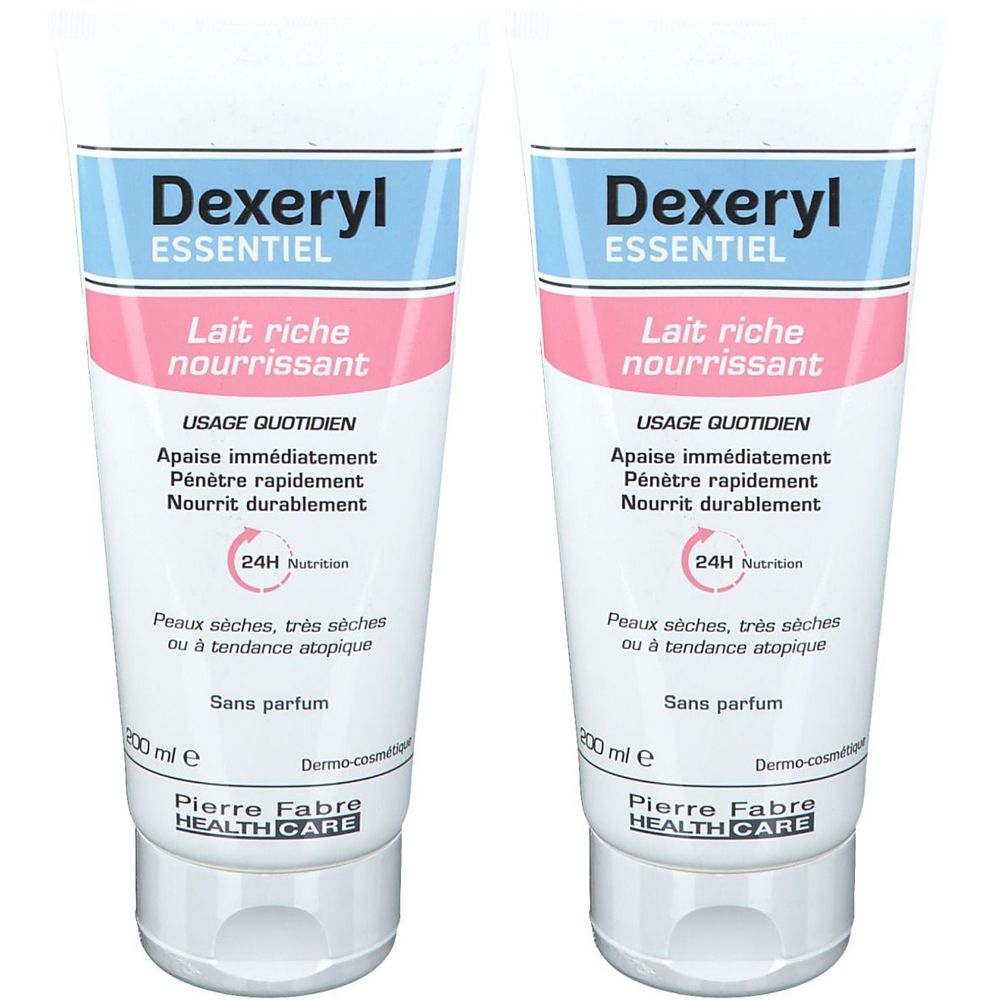 Zwei Tuben Dexeryl Essentiel. Weiße Tuben mit blauen und rosa Elementen. Text: Lait riche nourrissant, 24H Nutrition.