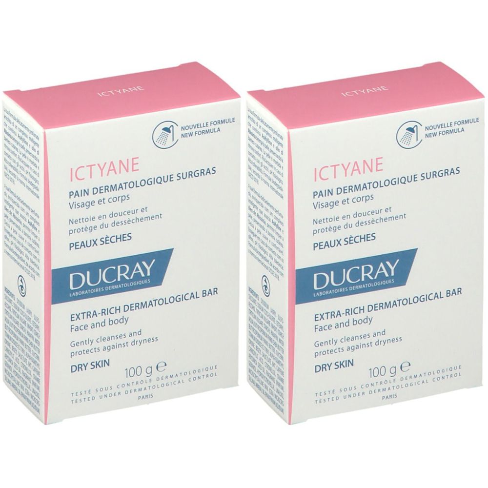 Deux boîtes rectangulaires avec couvercles roses. Inscription: ICTYANE, Pain Dermatologique Surgras, DUCRAY. Contient 100 g.