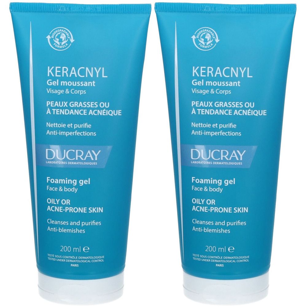 Zwei blaue Tuben DUCRAY KERACNYL Gel moussant. Text: Gel moussant, Visage & Corps, PEAUX GRASSES OU À TENDANCE ACNÉIQUE, 200 ml.