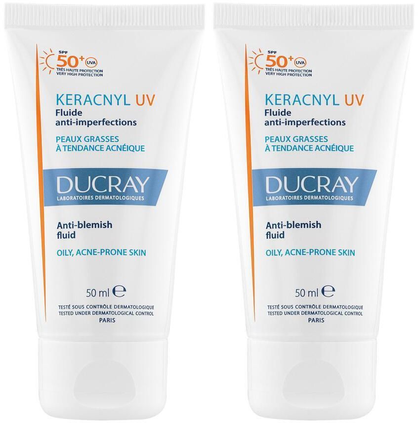 Zwei Tuben mit weißem Hintergrund. Aufschrift: KERACNYL UV, Anti-Unreinheiten, für fettige, zu Akne neigende Haut. Marke: DUCRAY.