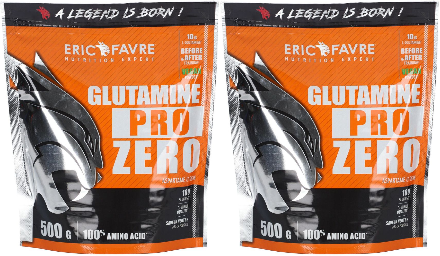 Deux sachets "GLUTAMINE PRO ZERO". Fond orange avec logo et texte. 500g, 100% acides aminés.