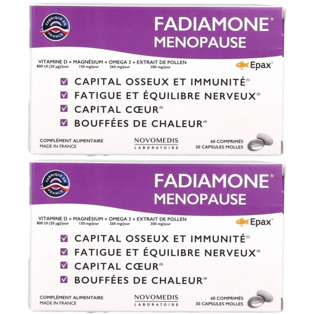Deux boîtes de Fadiamone Ménopause. Inscription: Vitamine D, magnésium, oméga 3, extrait de pollen. Contient 40 comprimés et 30 gélules.