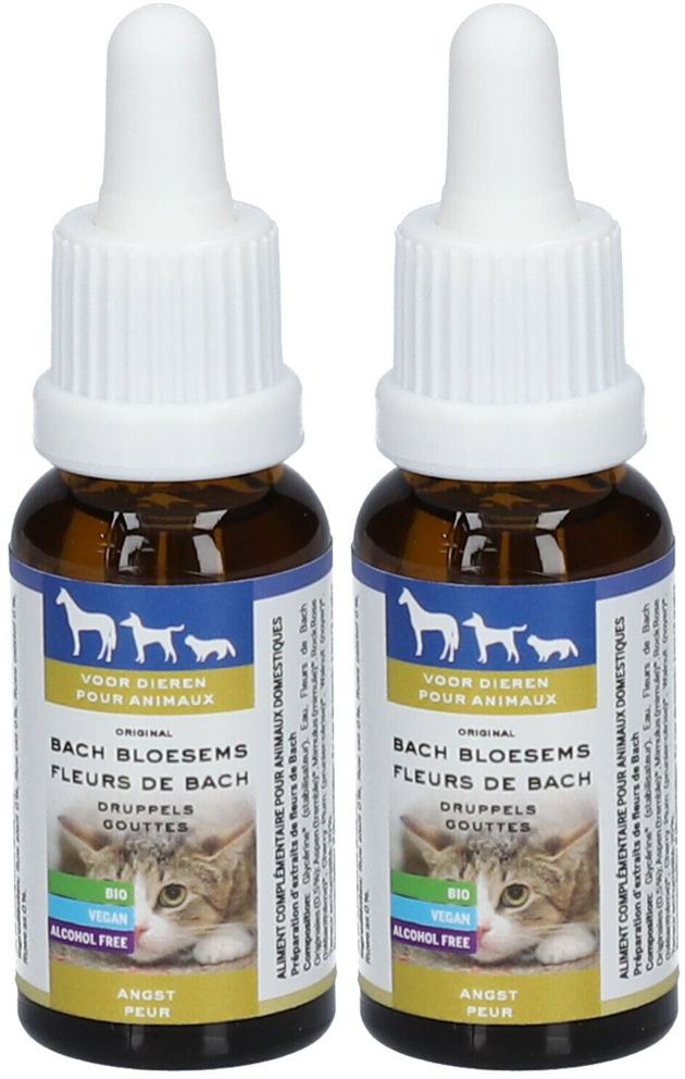 Zwei braune Flaschen mit weißem Verschluss. Aufschrift: Bach Bloesems Fleurs de Bach, für Tiere. Mit Katze.