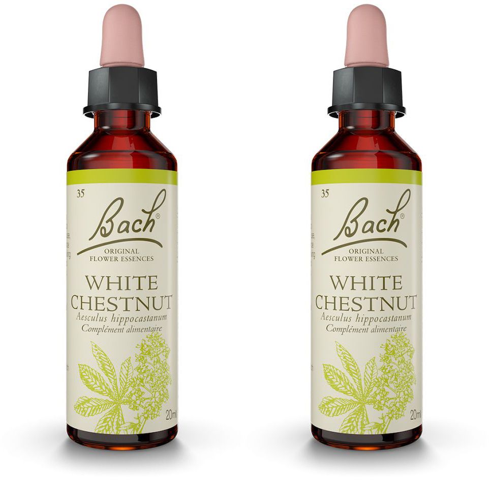 Zwei braune Glasflaschen mit Pipette. Aufschrift: Bach Original Flower Essences, White Chestnut. Mit floraler Illustration.