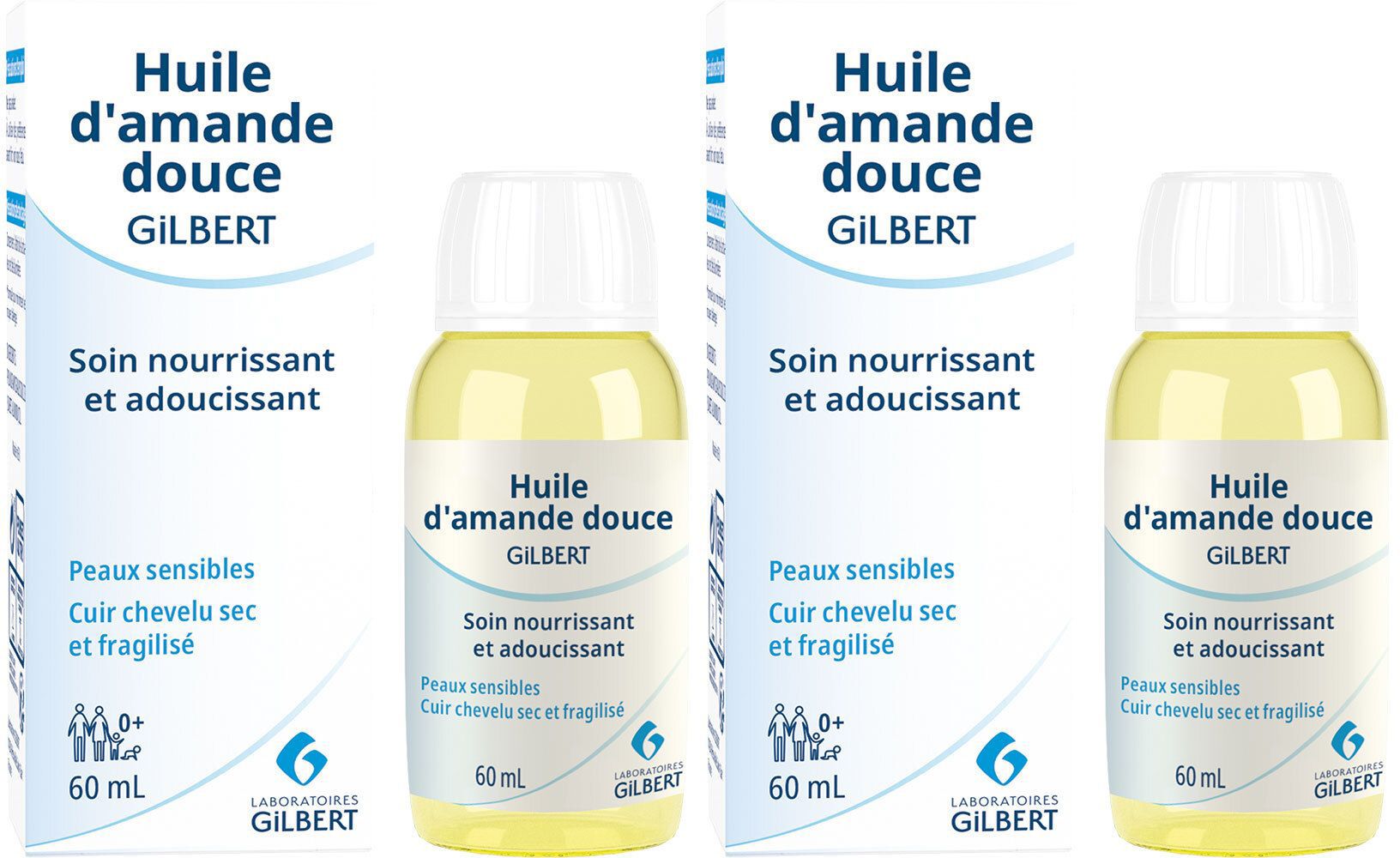 Zwei Flaschen Gilbert Huile d'Amande Douce. Aufschrift: Huile d'amande douce, Soin nourrissant et adoucissant. 60 ml.