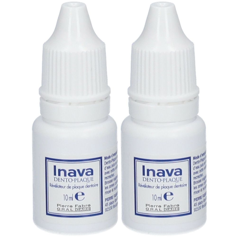 Zwei weiße Flaschen mit Tropfverschluss. Auf den Etiketten steht "Inava Dento-Plaque" und "10ml e".