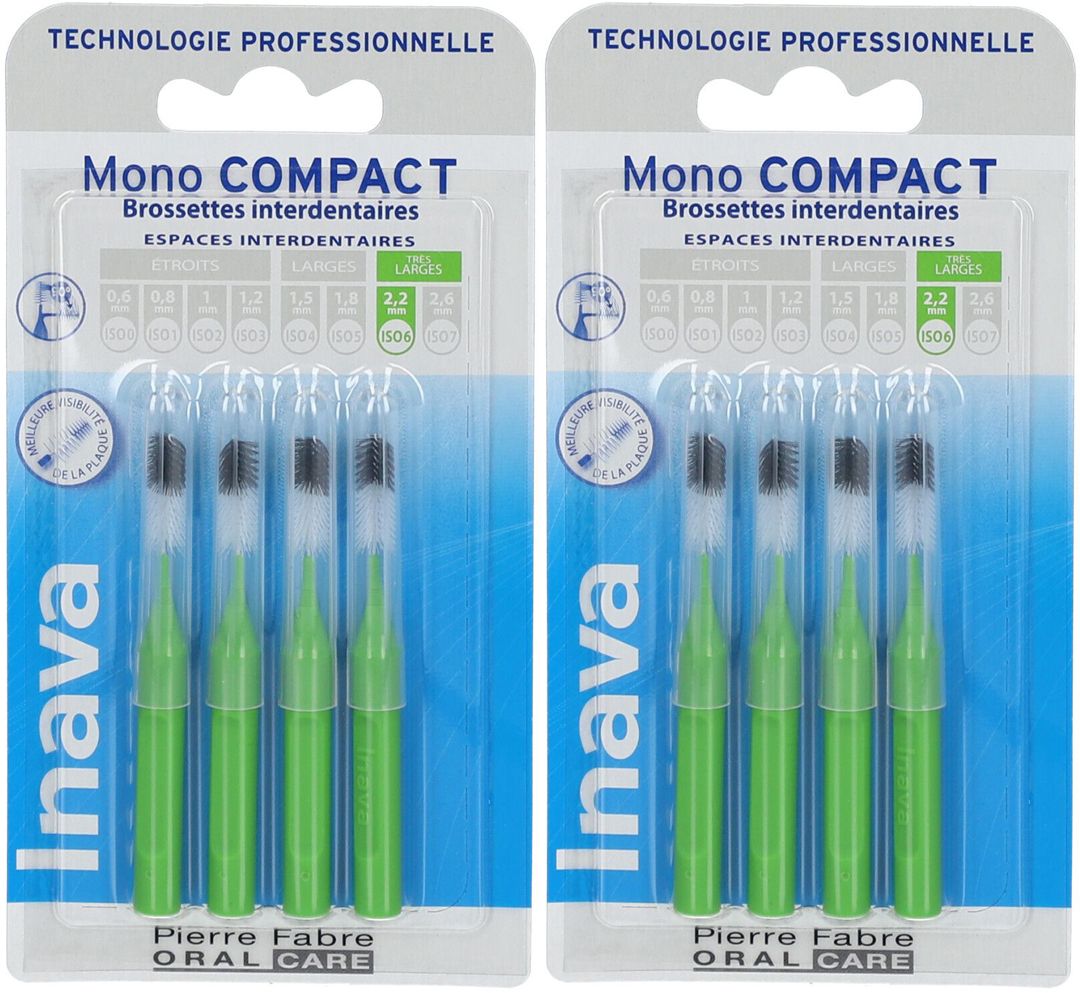 Deux paquets de brossettes interdentaires Inava Mono COMPACT. Manches verts, brins noirs. Emballage avec nom et détails du produit.