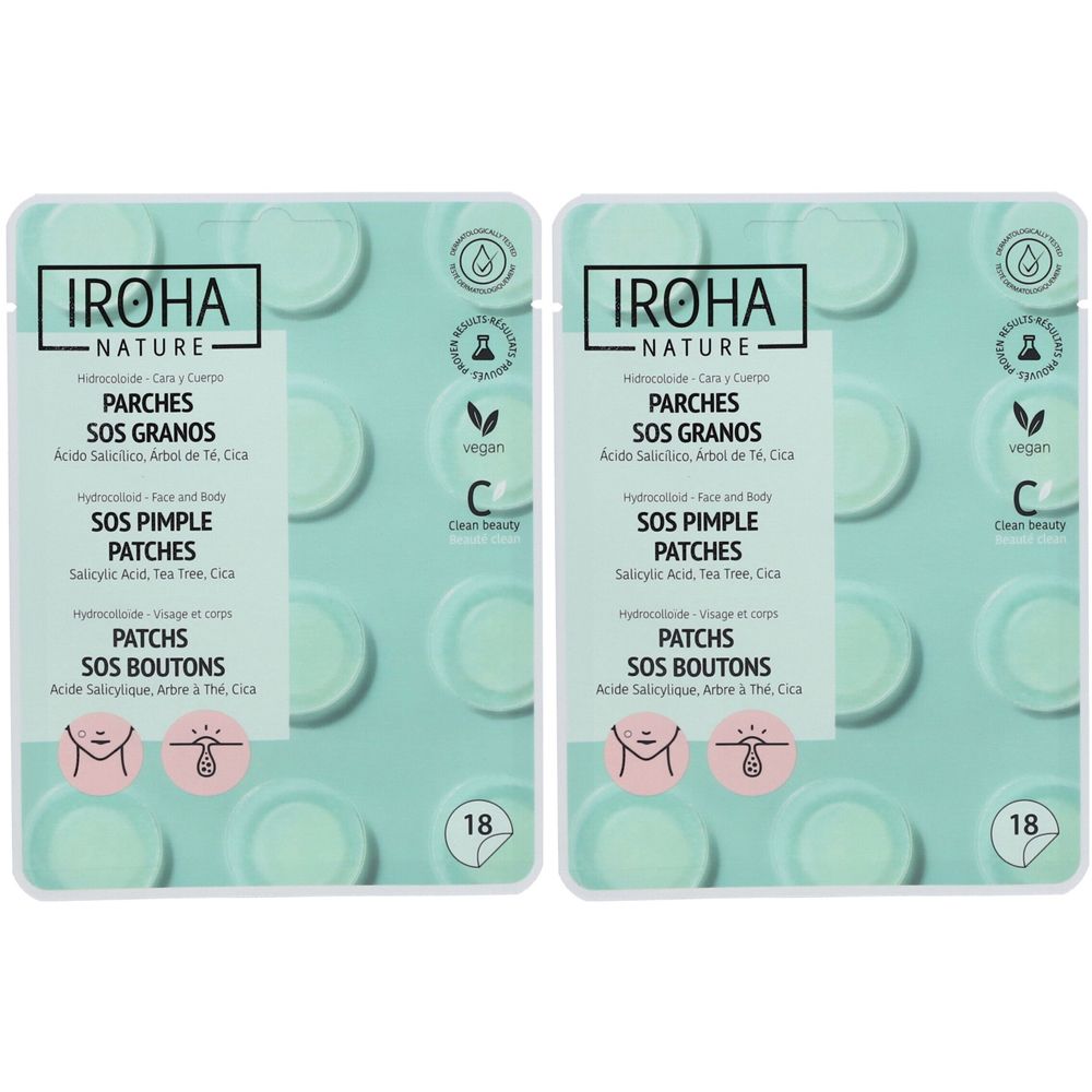 Zwei Packungen mit SOS-Pickel-Patches. Aufschrift: IROHA NATURE. Vegan-Siegel. 18 Stück pro Packung.