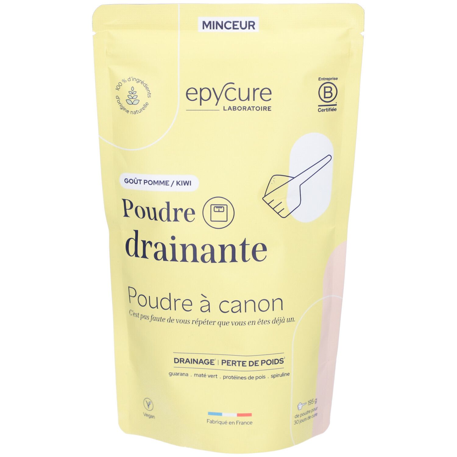 Gelbe Beutel mit Produktaufdruck. "EPYCURE"-Logo, "Poudre drainante" und "Goût pomme / kiwi" Text. Siegel.