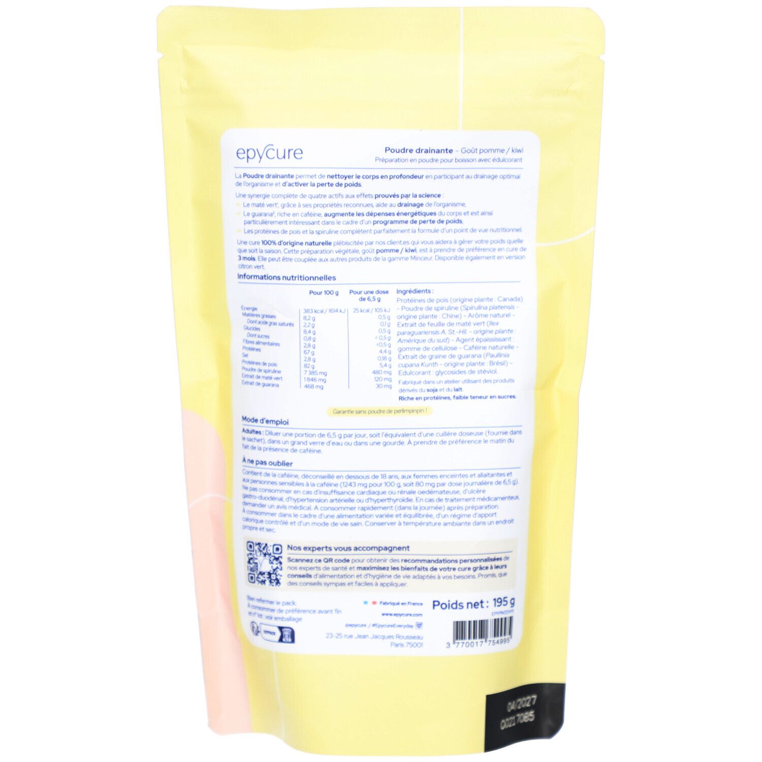 Rückseite der gelben Beutel. Text mit Nährwertangaben und Inhaltsstoffen. "EPYCURE"-Logo. Gewicht: 195g.