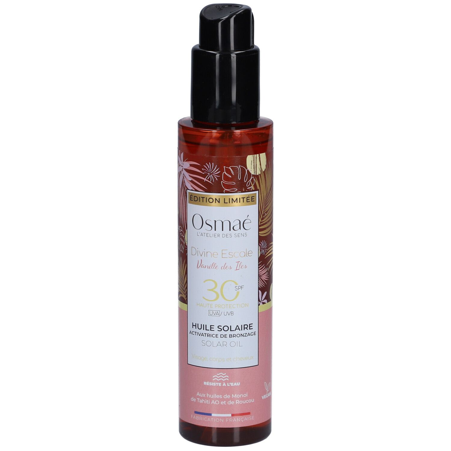Braune Flasche mit schwarzem Pumpkopf. Aufschrift: OSMAE, Divine Escapade, Vanille des Iles, SPF30, Huile Solaire.