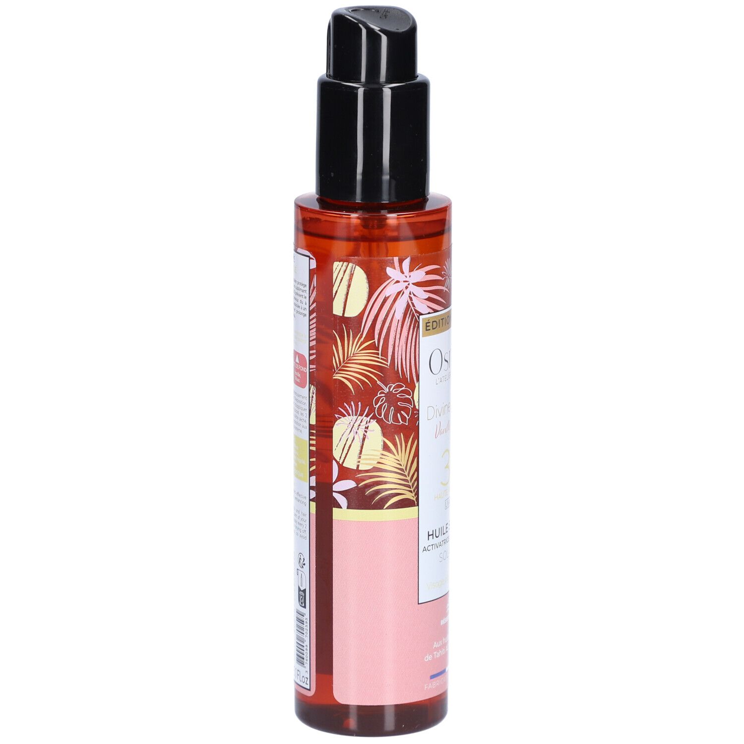 Braune Flasche mit schwarzem Pumpkopf. Aufschrift: OSMAE, Divine Escapade, Vanille des Iles, Huile Solaire.