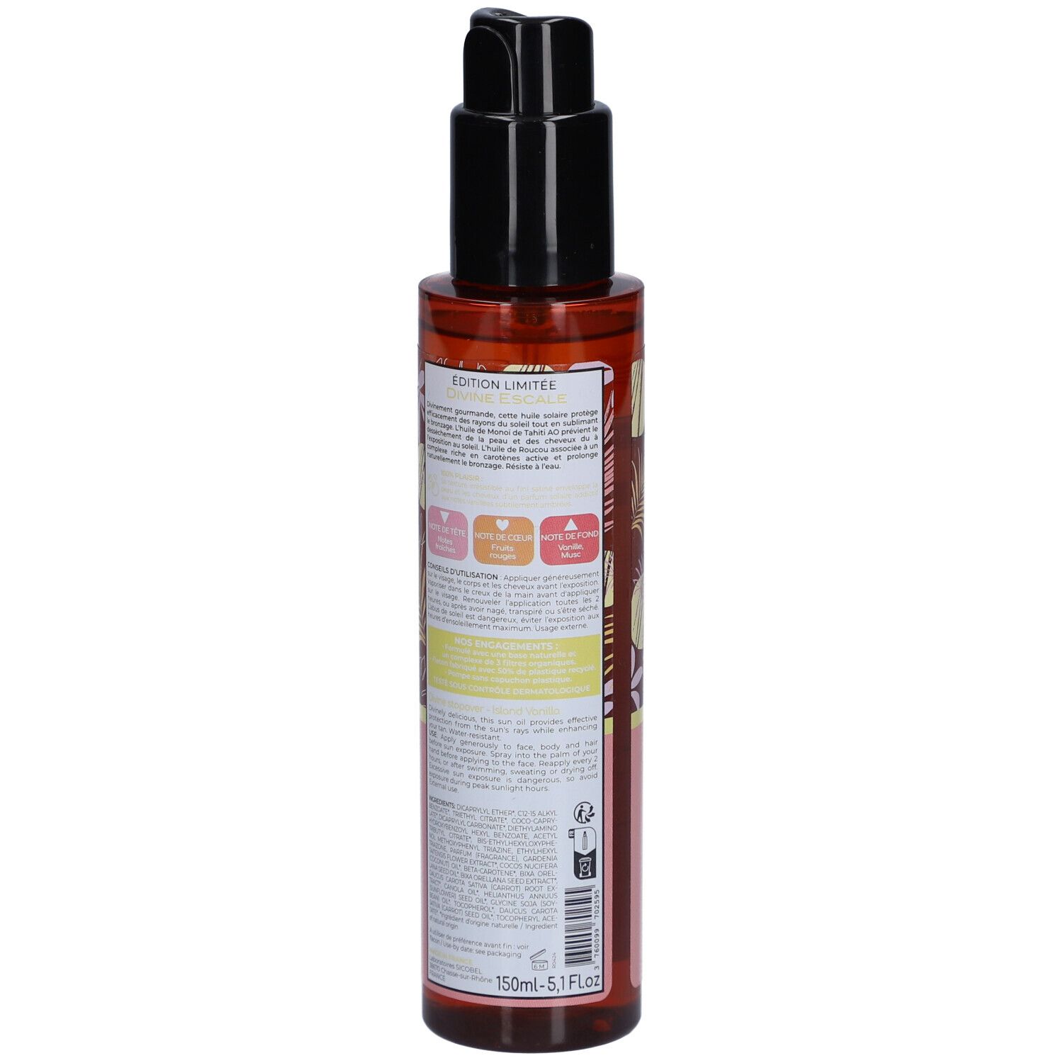 Braune Flasche mit schwarzem Pumpkopf. Aufschrift: OSMAE, Divine Escapade, Vanille des Iles, 150ml.