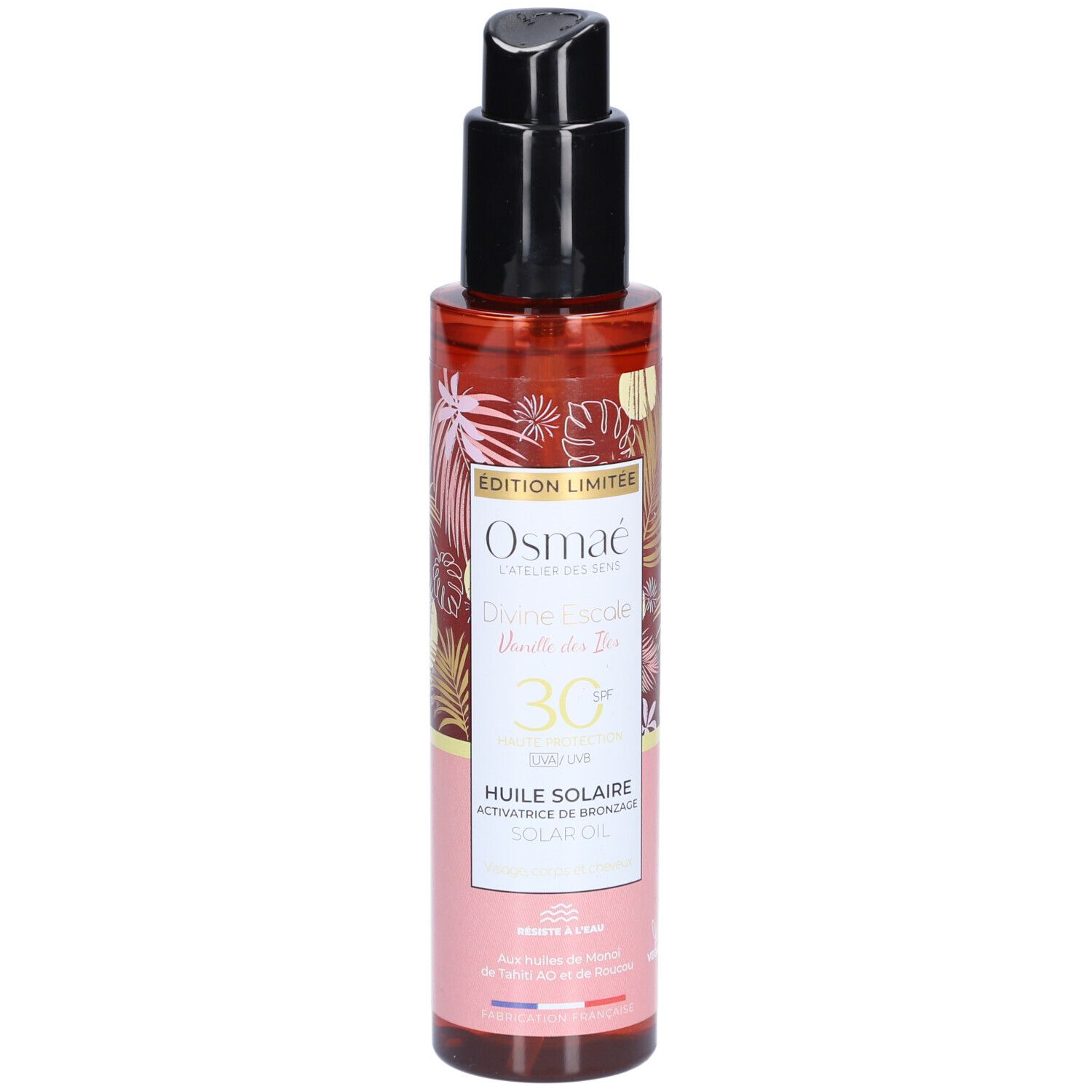 Braune Flasche mit schwarzem Pumpkopf. Aufschrift: OSMAE, Divine Escapade, Vanille des Iles, SPF30, Huile Solaire.