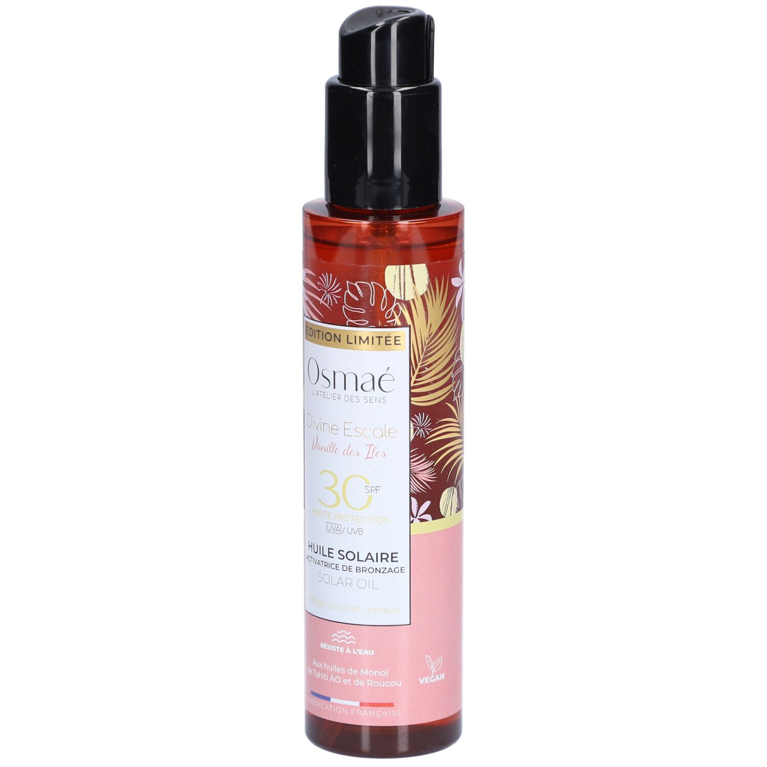 Braune Flasche mit schwarzem Pumpkopf. Aufschrift: OSMAE, Divine Escapade, Vanille des Iles, SPF30, Huile Solaire.