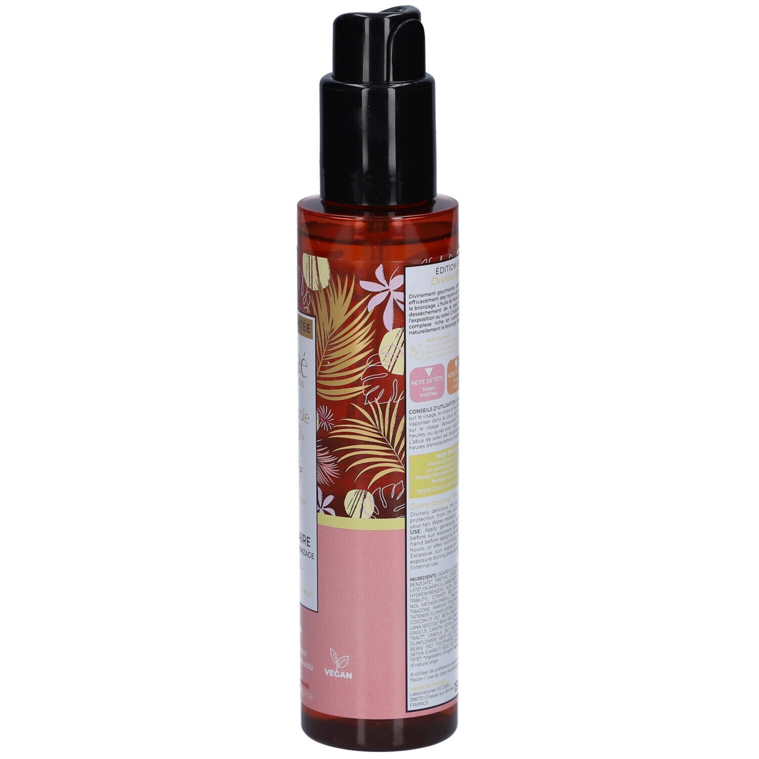 Braune Flasche mit schwarzem Pumpkopf. Aufschrift: OSMAE, Divine Escapade, Vanille des Iles, Huile Solaire.