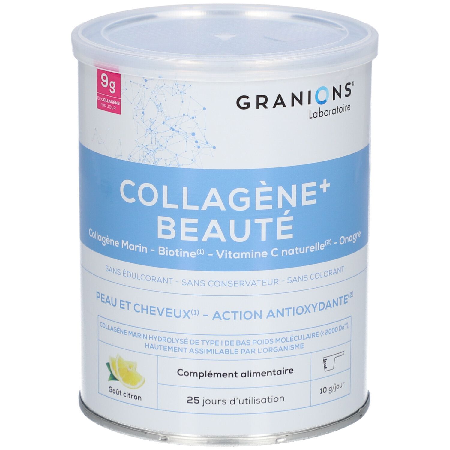 Zylindrische Dose mit Deckel. Aufschrift: GRANIONS Collagène + Beauté, Geschmack Zitrone. Enthält 9g Kollagen.