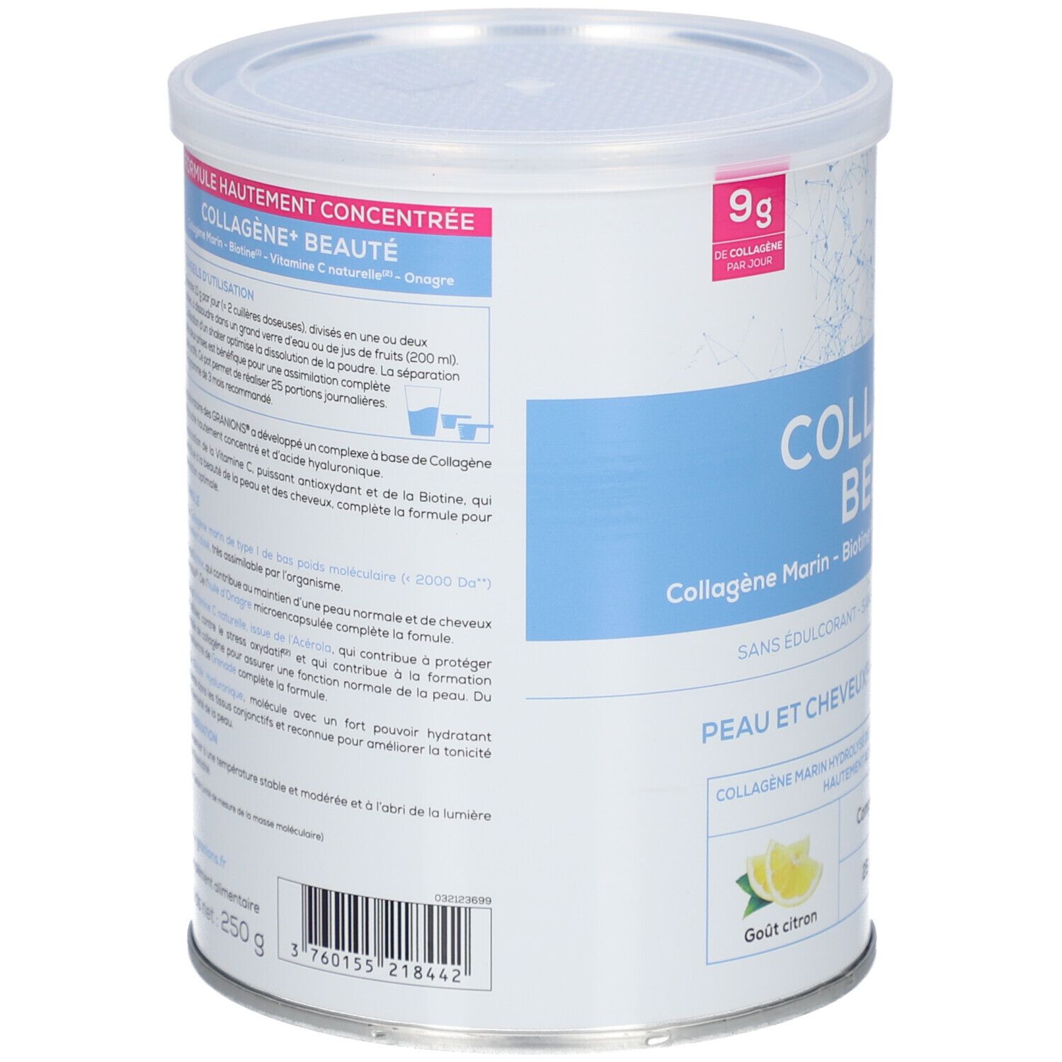 Rückseite der Dose. Text: GRANIONS Collagène + Beauté. Enthält 250g. Inhaltsstoffe und Anwendungshinweise.