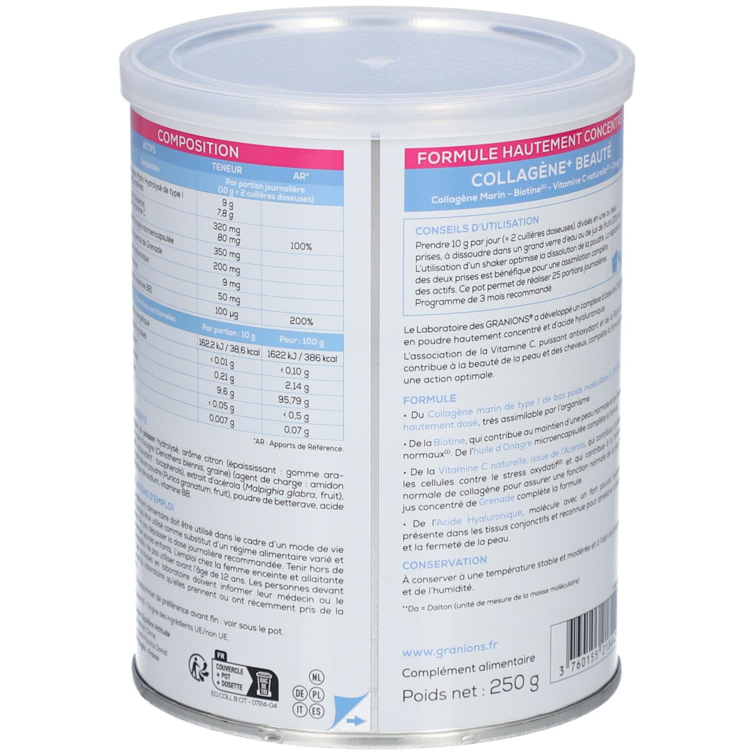 Rückseite der Dose. Text: GRANIONS Collagène + Beauté. Nährwertangaben und Inhaltsstoffe.