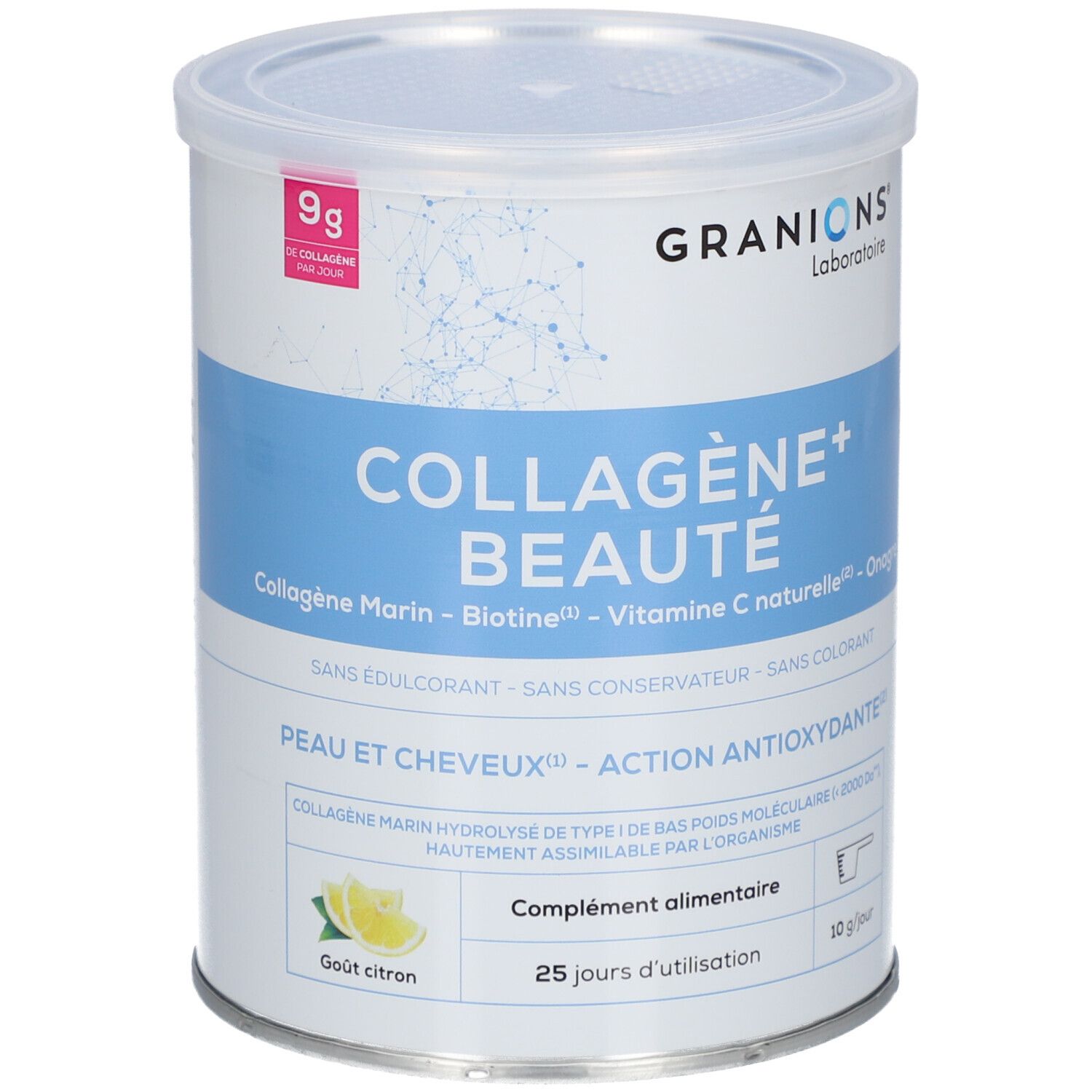 Zylindrische Dose mit Deckel. Aufschrift: GRANIONS Collagène + Beauté, Geschmack Zitrone. Enthält 9g Kollagen.