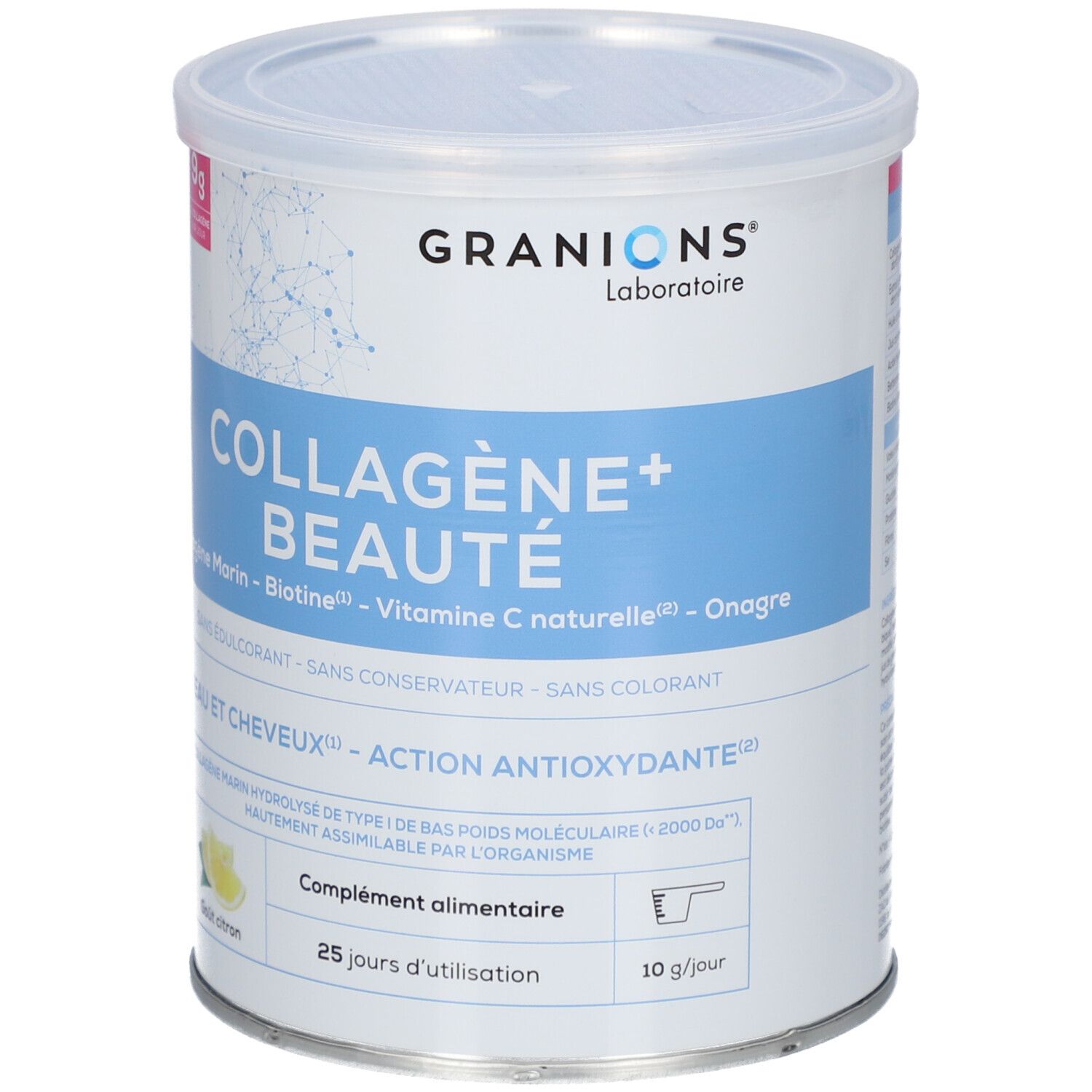 Zylindrische Dose mit Deckel. Aufschrift: GRANIONS Collagène + Beauté. Enthält 9g Kollagen.