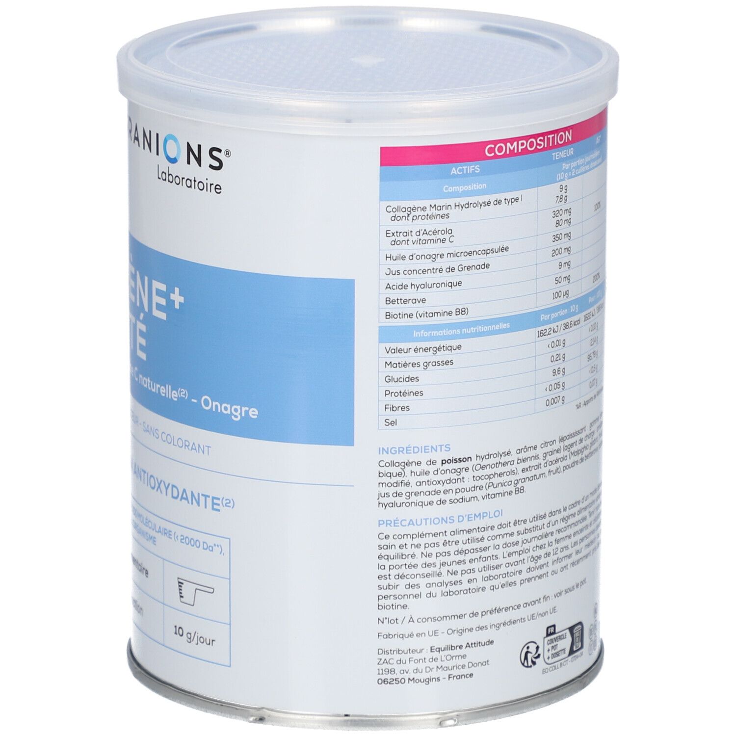 Rückseite der Dose. Text: GRANIONS Collagène + Beauté. Inhaltsstoffe und Nährwertangaben.