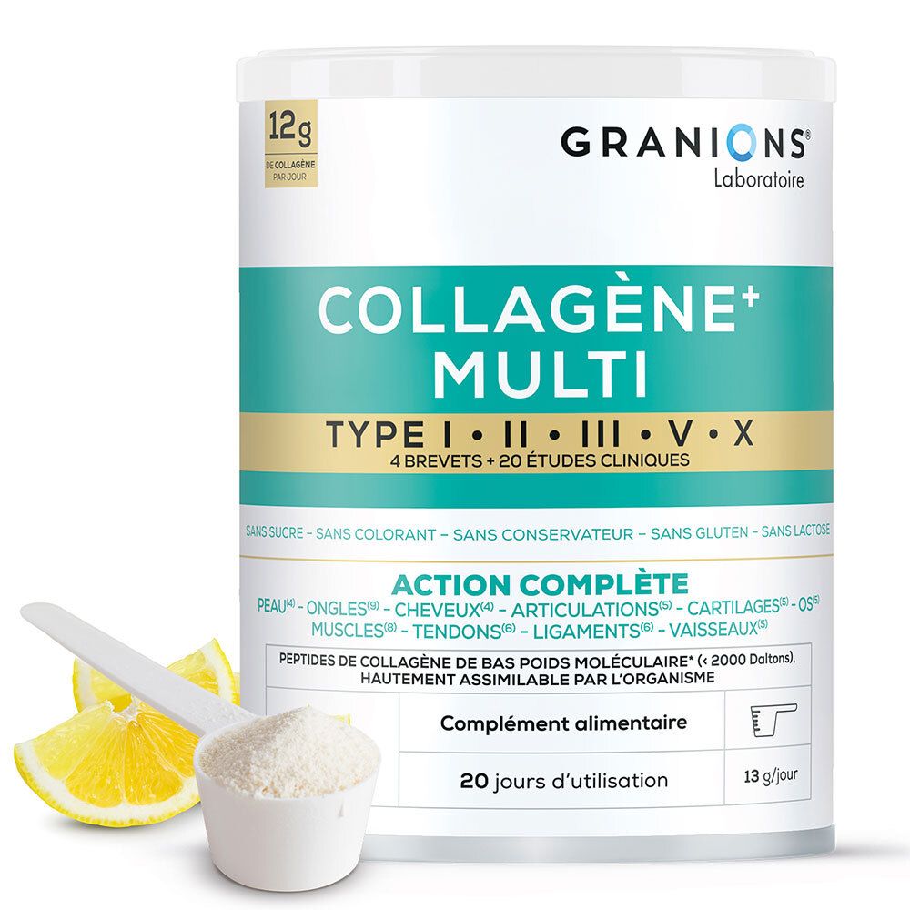 Boîte GRANIONS Collagène+ Multi avec cuillère et citron. Contient 12g de collagène. Complément alimentaire.