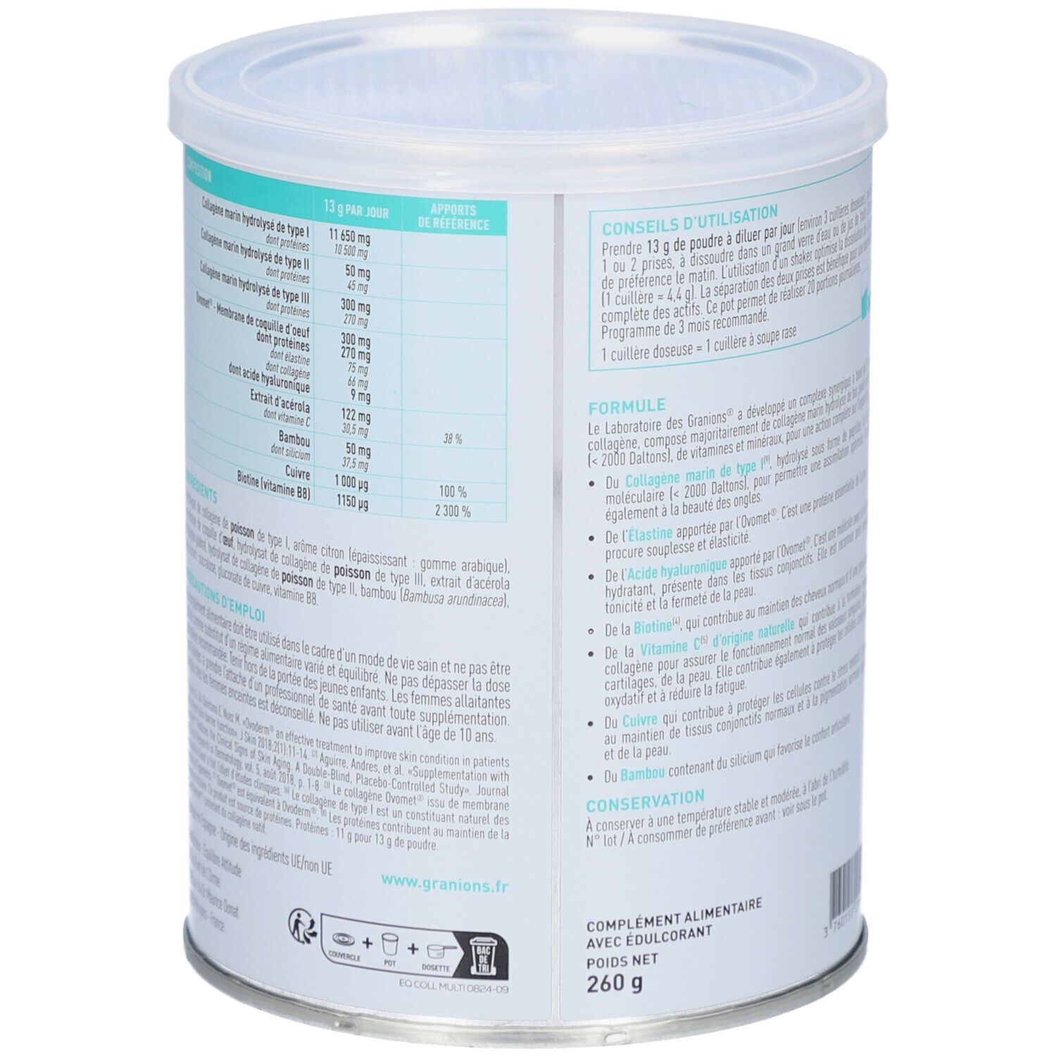 Zylindrische Dose mit Deckel. Aufschrift: COLLAGÈNE+ MULTI. Gelbe und blaue Elemente. 12g Collagen. Zitrone-Geschmack. Rückseite mit Text.
