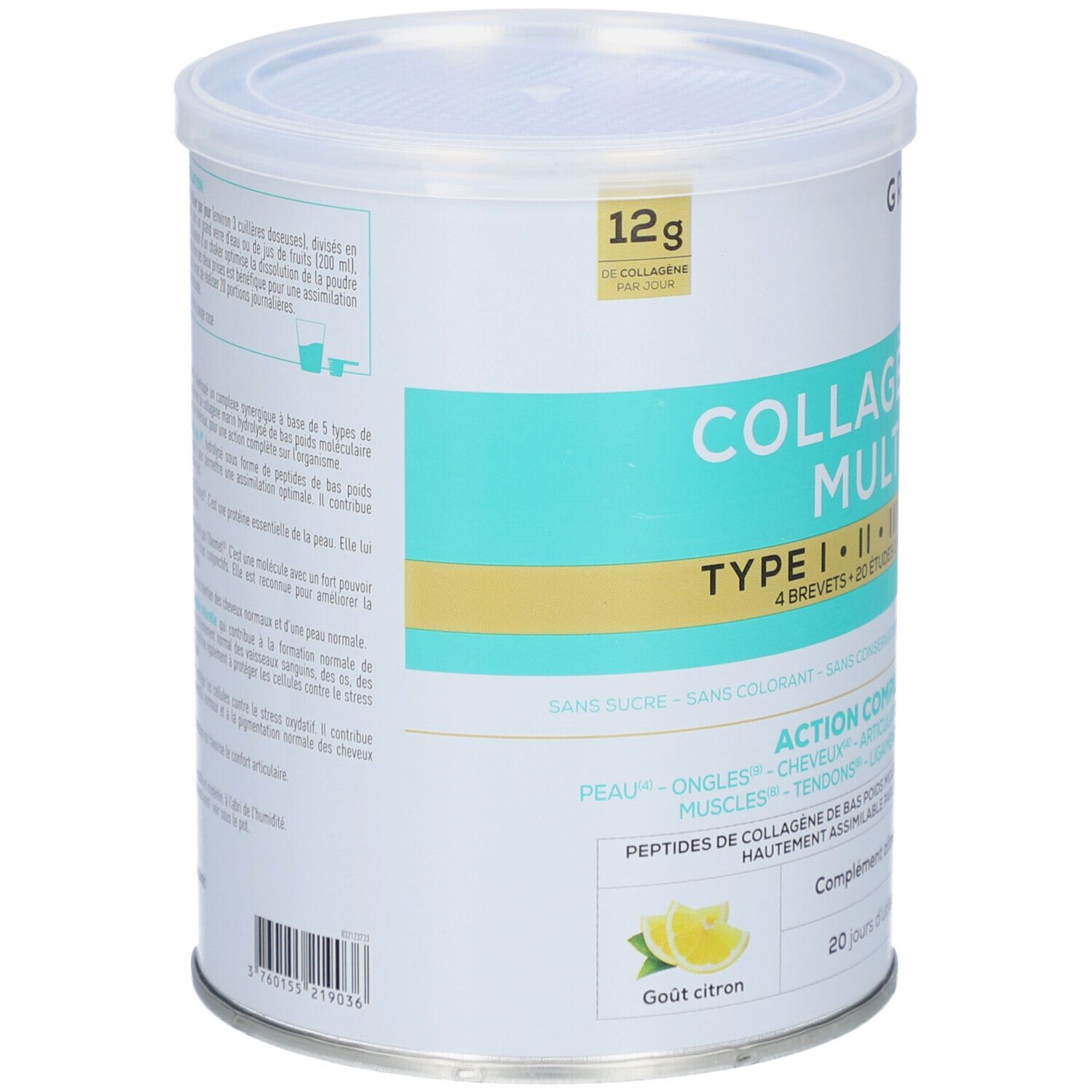 Zylindrische Dose mit Deckel. Aufschrift: COLLAGÈNE+ MULTI. Gelbe und blaue Elemente. 12g Collagen. Zitrone-Geschmack. 20 Tage.