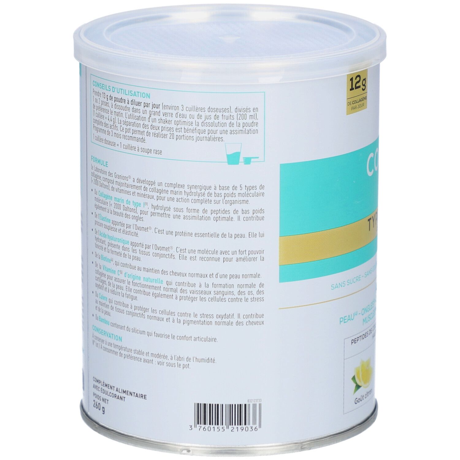 Zylindrische Dose mit Deckel. Aufschrift: COLLAGÈNE+ MULTI. Gelbe und blaue Elemente. 12g Collagen. Zitrone-Geschmack. Rückseite mit Text.