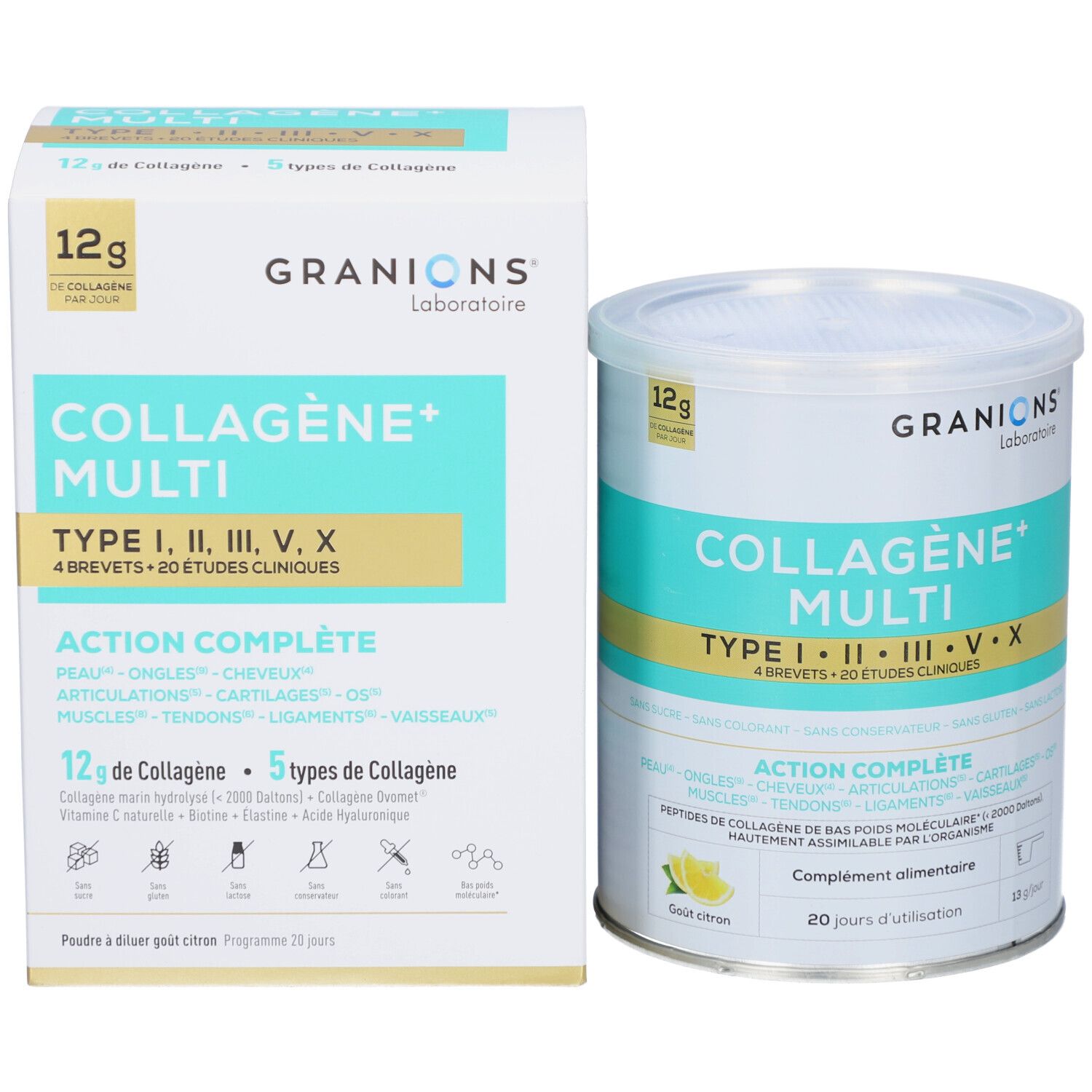 Produktpackung und Dose. Aufschrift: GRANIONS COLLAGÈNE+ MULTI. Gelbe und blaue Elemente. 12g Collagen. Zitrone-Geschmack.