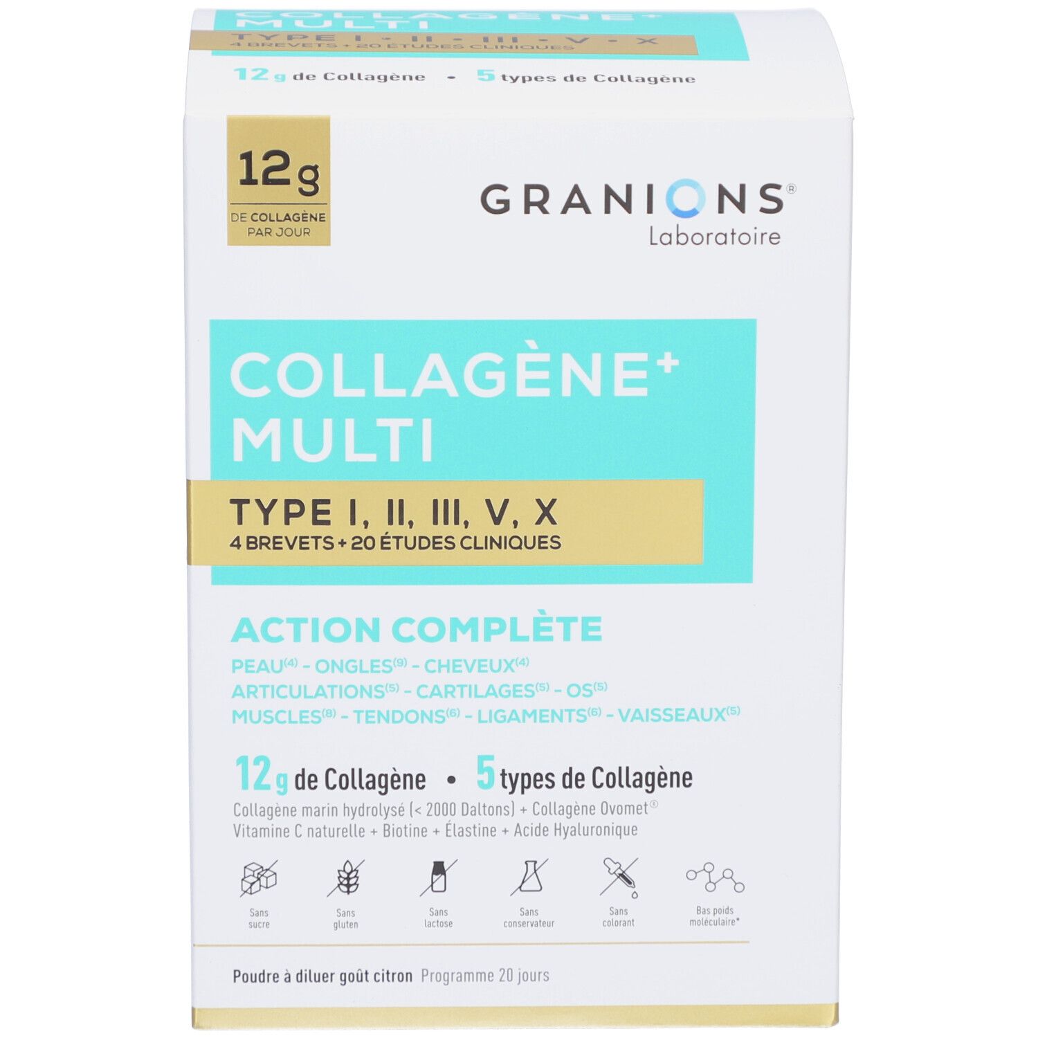 Produktverpackung. Aufschrift: GRANIONS COLLAGÈNE+ MULTI. Gelbe und blaue Elemente. 12g Collagen. Zitrone-Geschmack.
