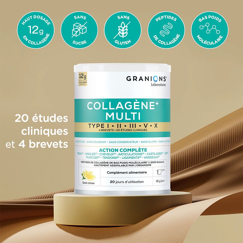 Boîte GRANIONS Collagène+ Multi. 12g collagène, 20 études, 4 brevets. Complément alimentaire.