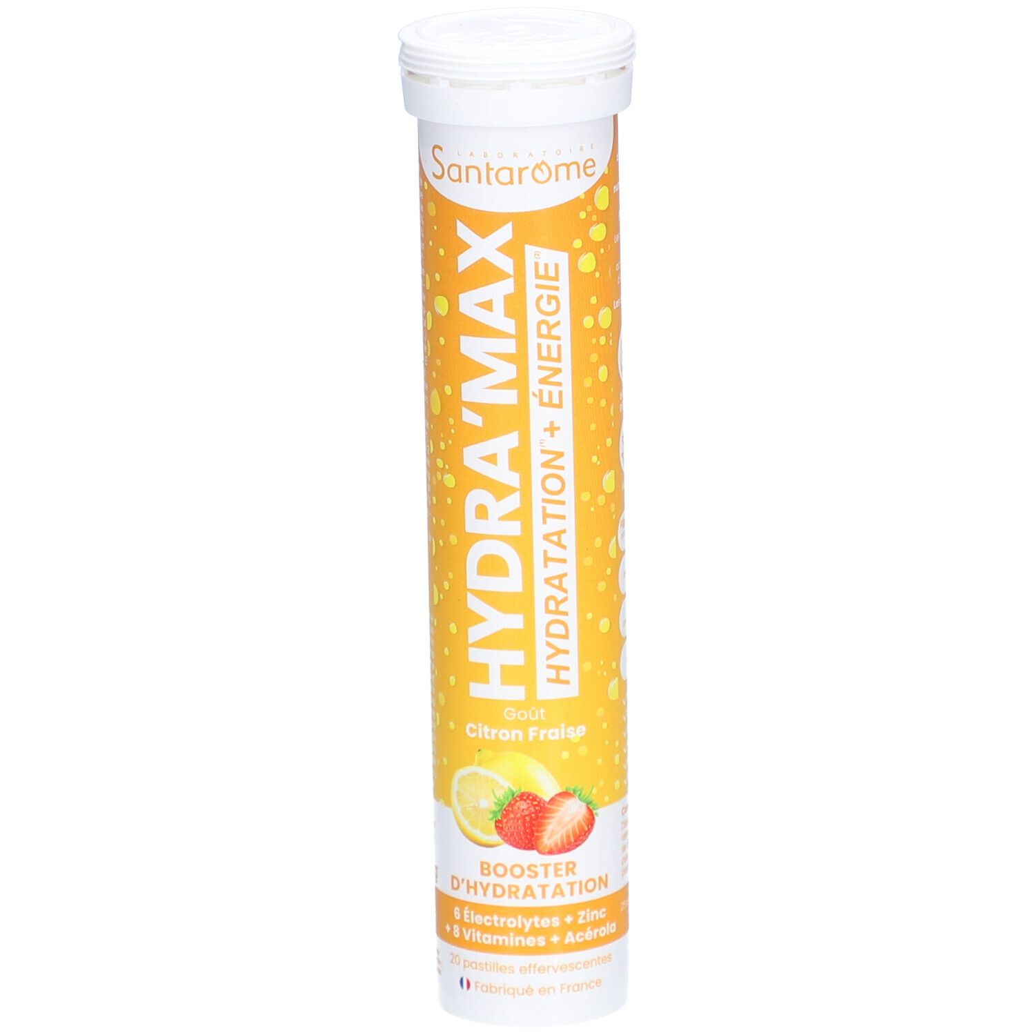Tube cylindrique Santarome Hydra'Max. Inscription Hydra'Max, citron-fraise. Contient électrolytes, zinc et vitamines. Illustration citron et fraise.