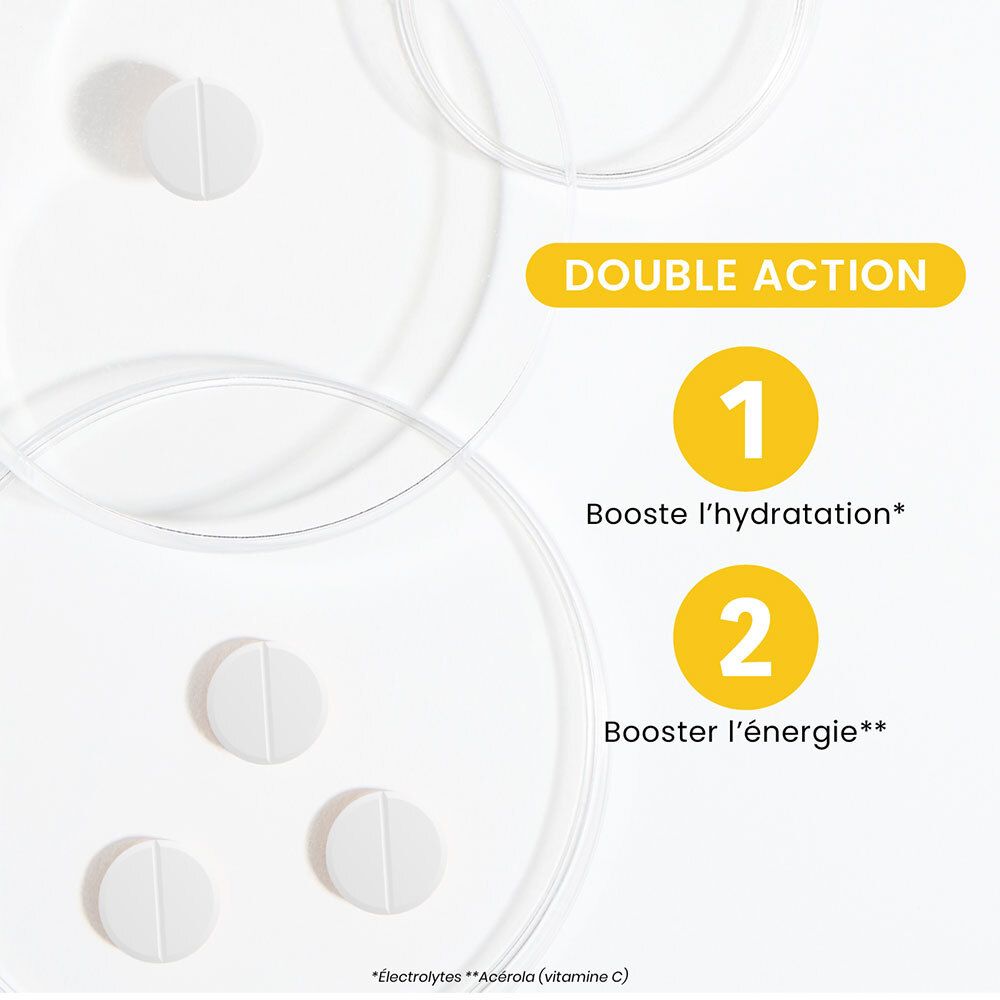 Nahaufnahme von Tabletten. Text: Double Action. 1. Boostet die Hydratation. 2. Boostet die Energie.