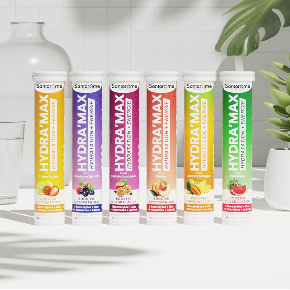 Six tubes Santarome Hydra'Max, différents goûts. Texte: HYDRA'MAX, Hydratation + Energie.