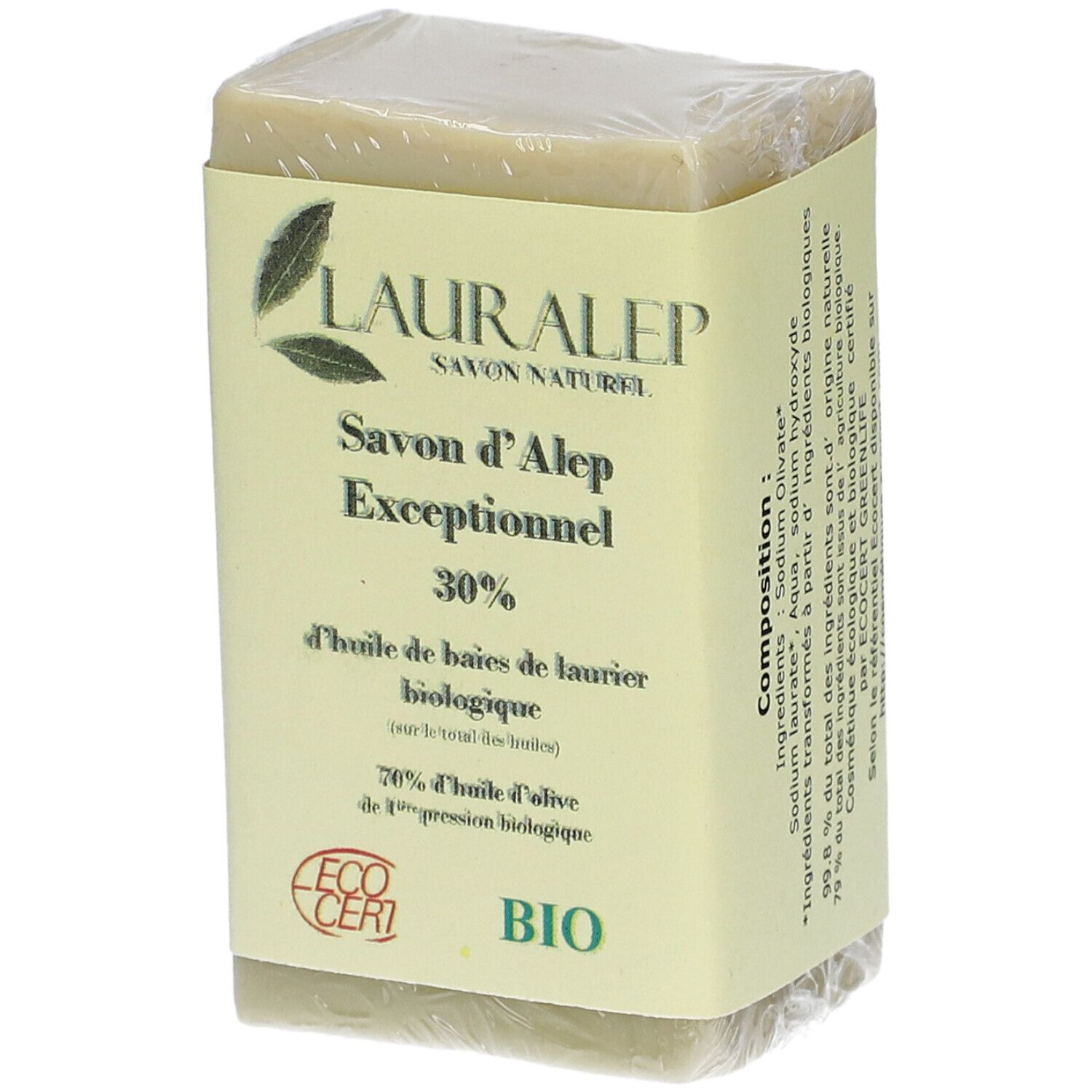 Savon rectangulaire emballé. Étiquette jaune avec LAURALEP, Savon d'Alep Exceptionnel, 30% huile de baies de laurier biologique, ECO CERT BIO.