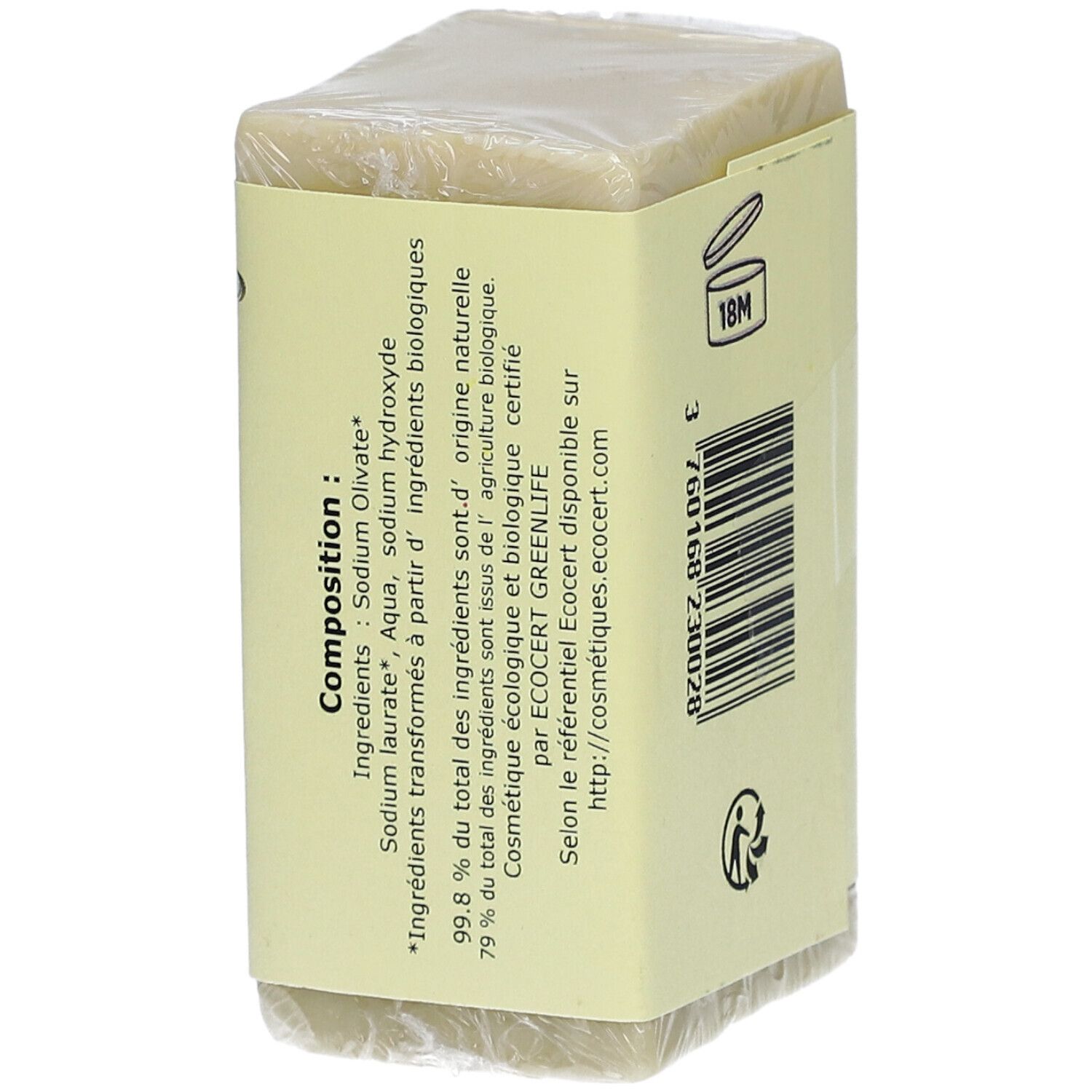 Savon emballé. Étiquette jaune avec ingrédients, symbole 18M, symbole de recyclage, certification ECO CERT.