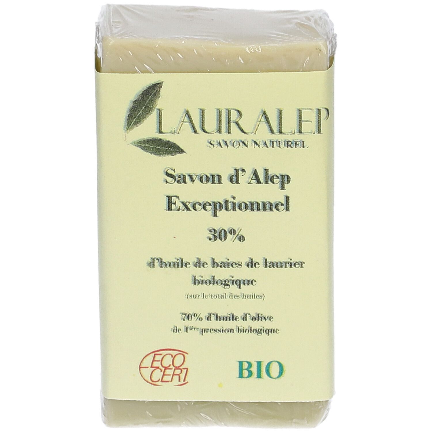 Savon rectangulaire emballé. Étiquette jaune avec LAURALEP, Savon d'Alep Exceptionnel, 30% huile de baies de laurier biologique, ECO CERT BIO.