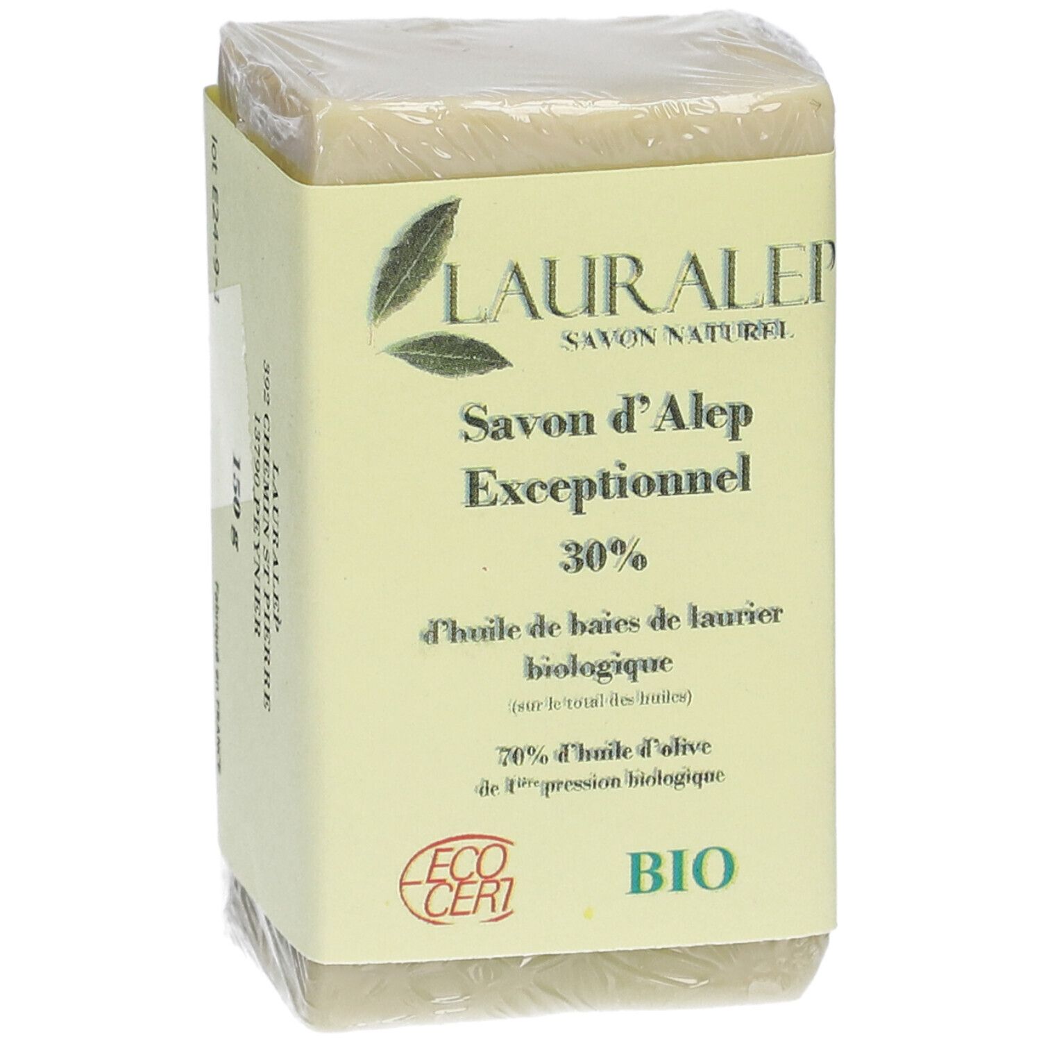 Savon rectangulaire emballé. Étiquette jaune avec LAURALEP, Savon d'Alep Exceptionnel, 30% huile de baies de laurier biologique, ECO CERT BIO.